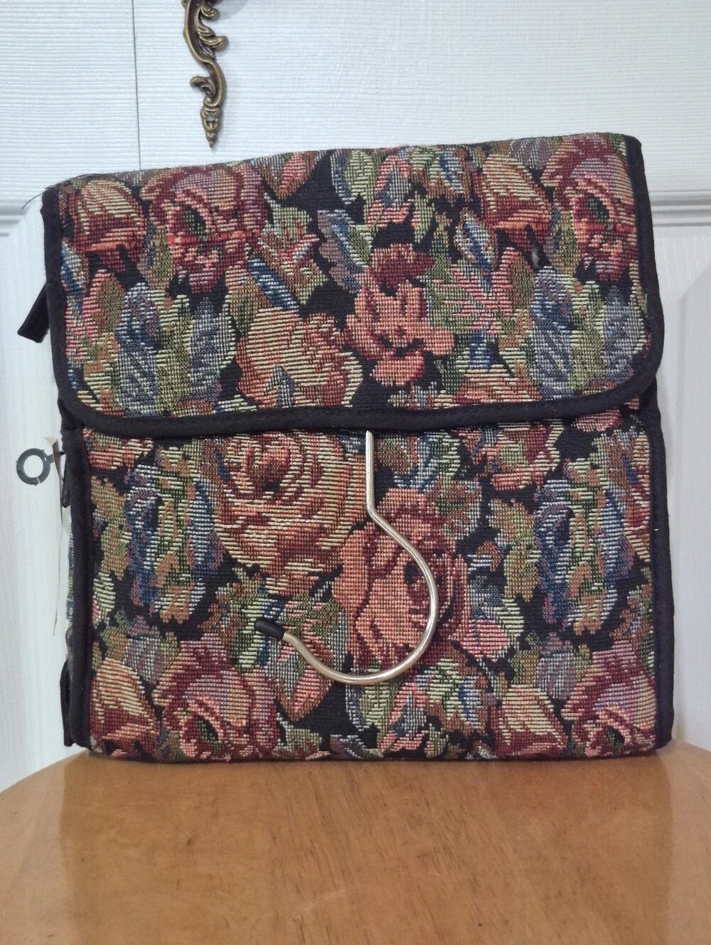 NWTs Vintage black floral tapestry cosmetics and toiletry bag with hanger